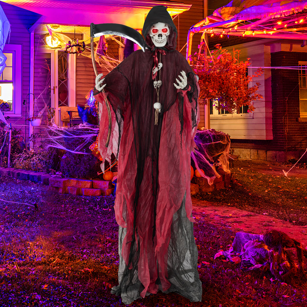 8-foot Halloween Grim Reaper with red glowing eyes, adjustable arms, and sound-activated terrifying effects for outdoor.