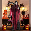 8-foot Halloween Grim Reaper with glowing red eyes, adjustable arms, and terrifying sounds for indoor or outdoor.