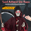 8-foot Halloween Grim Reaper with sound activation, red glowing eyes, and adjustable arms for indoor or outdoor display.
