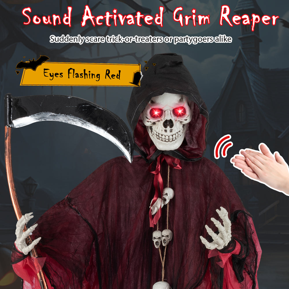 8-foot Halloween Grim Reaper with sound activation, red glowing eyes, and adjustable arms for indoor or outdoor display.
