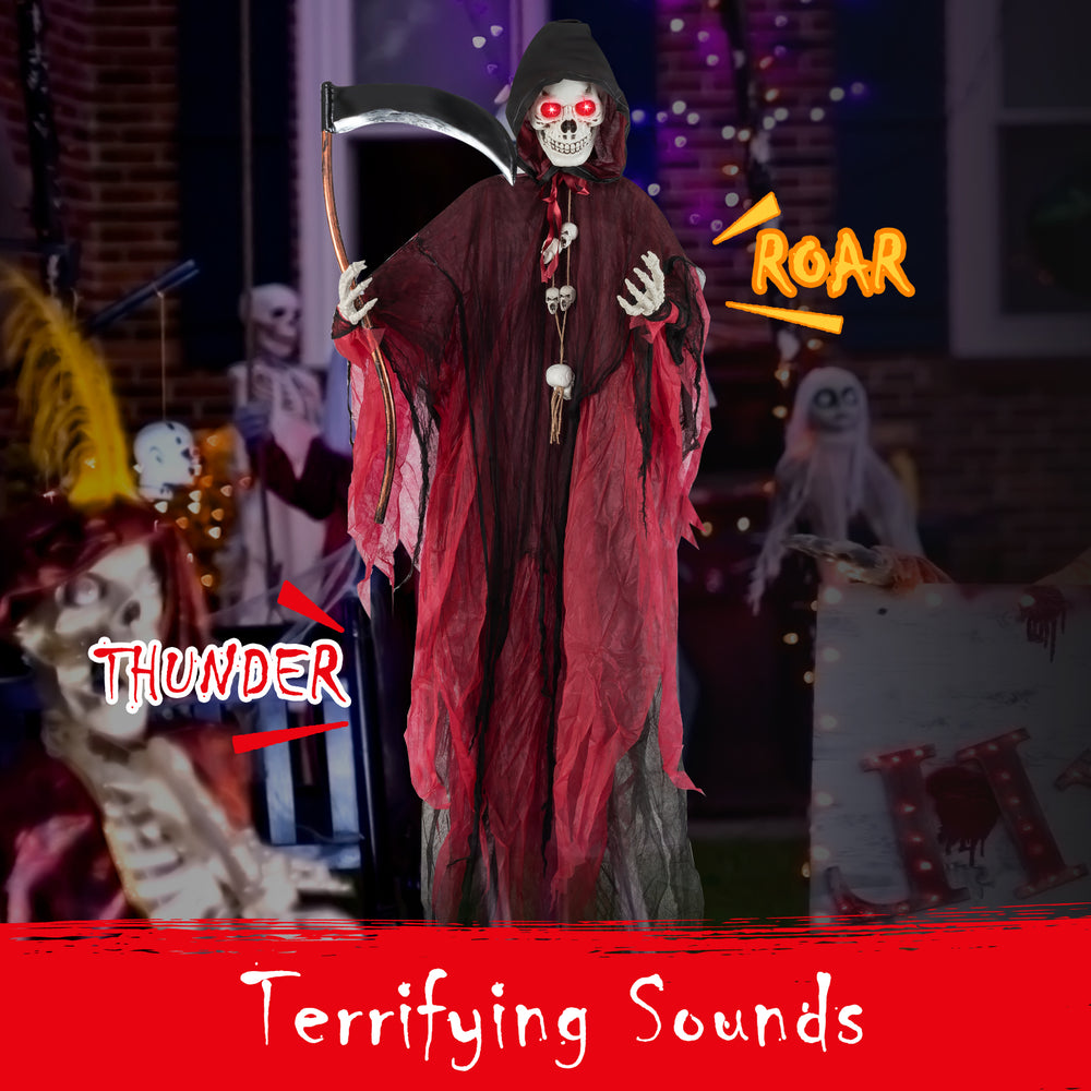 8-foot Halloween Grim Reaper with red glowing eyes, adjustable arms, and terrifying sounds for indoor or outdoor.