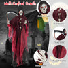 8-foot Halloween Grim Reaper with glowing red eyes, adjustable arms, and sickle, perfect for indoor or outdoor displays.