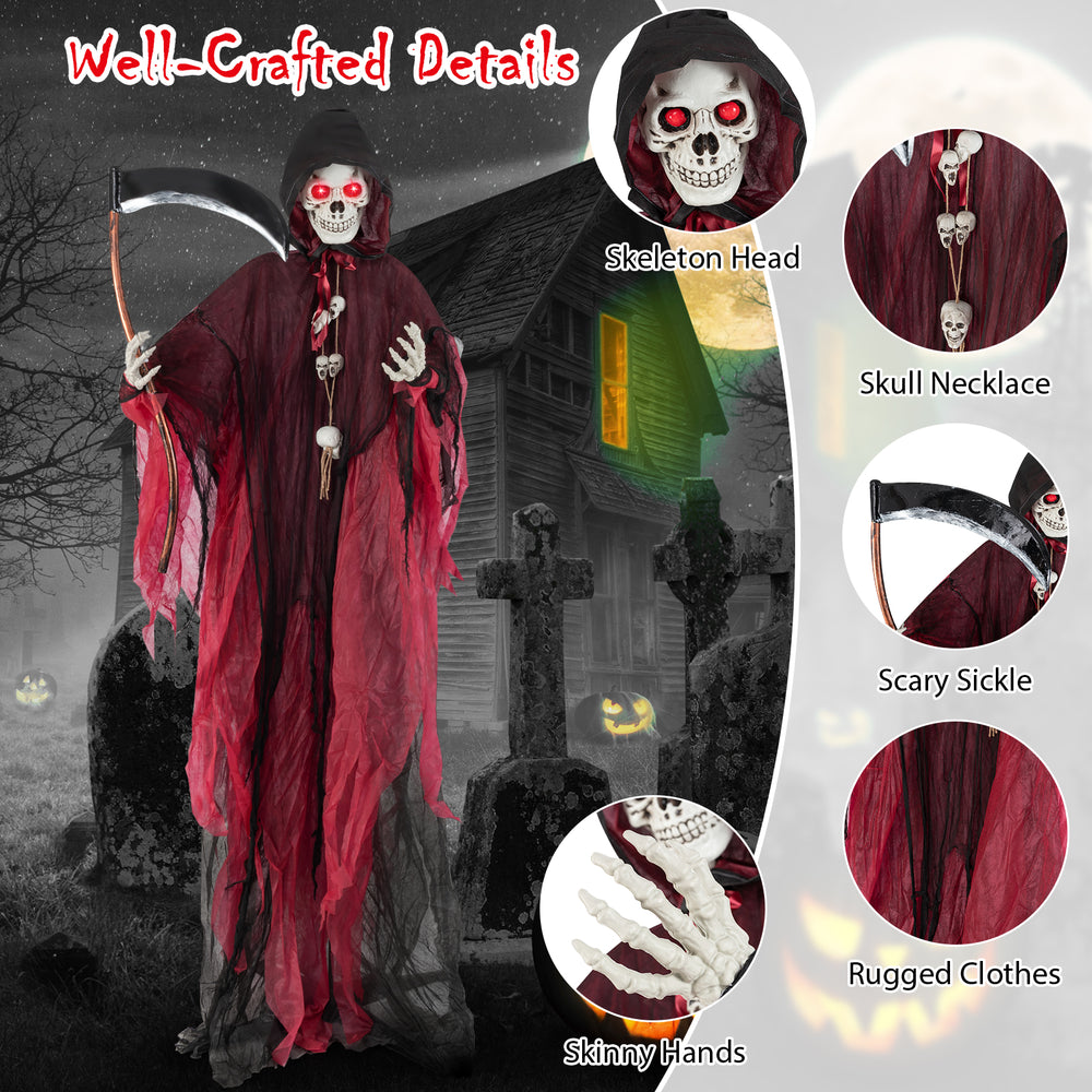 8-foot Halloween Grim Reaper with glowing red eyes, adjustable arms, and sickle, perfect for indoor or outdoor displays.