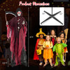 8-foot Halloween Grim Reaper with glowing red eyes, sound-activated features, and adjustable arms for indoor or outdoor.