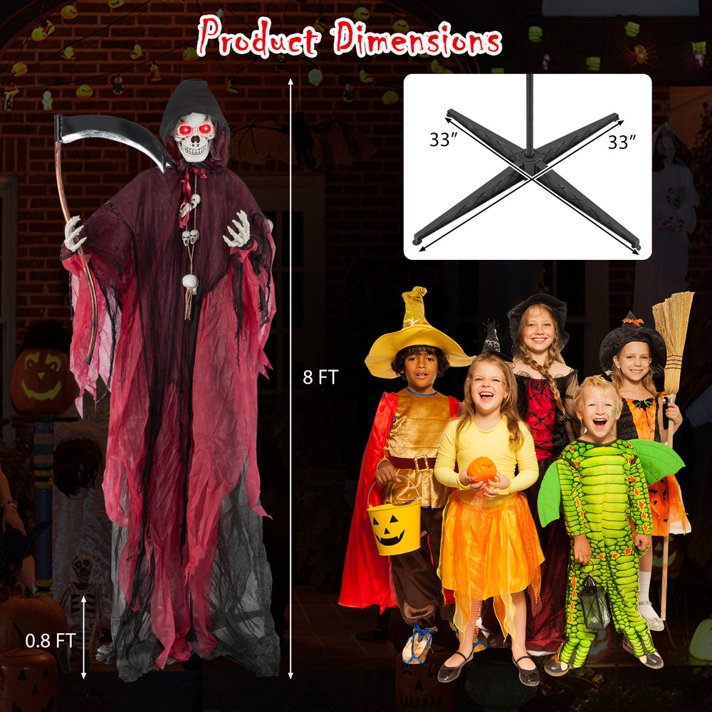 8-foot Halloween Grim Reaper with glowing red eyes, sound-activated features, and adjustable arms for indoor or outdoor.