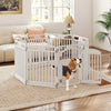 8-panel white plastic dog fence with locking door, crafted from HDPE for indoor and outdoor pet containment.