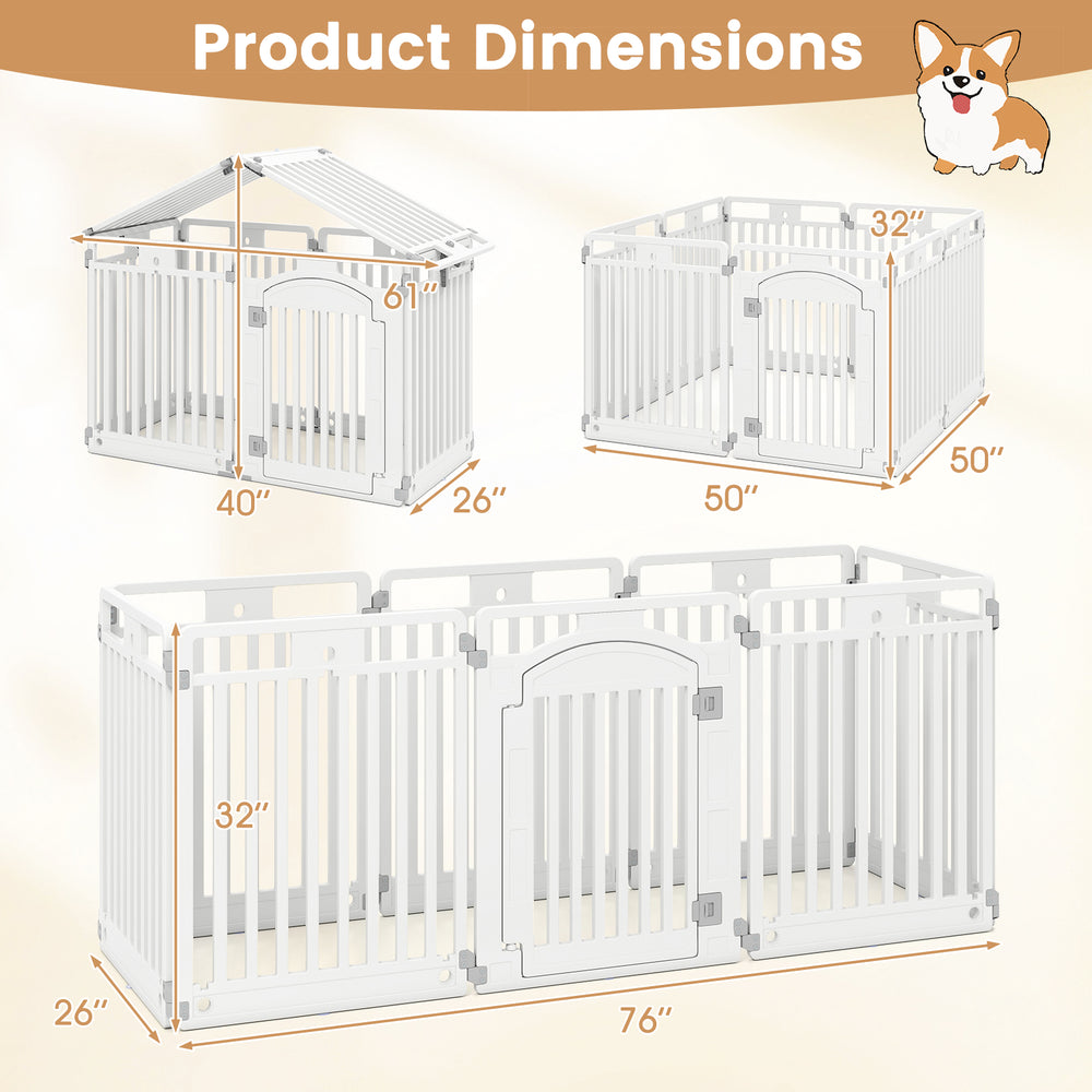 Dimensions of the 8-panel tall plastic dog fence in white, designed for indoor and outdoor pet containment.