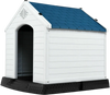 Durable plastic dog house with a blue roof, providing waterproof shelter for pets in any weather conditions.
