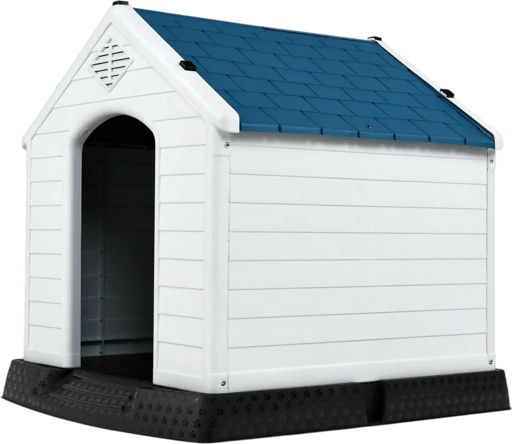Durable plastic dog house with a blue roof, providing waterproof shelter for pets in any weather conditions.