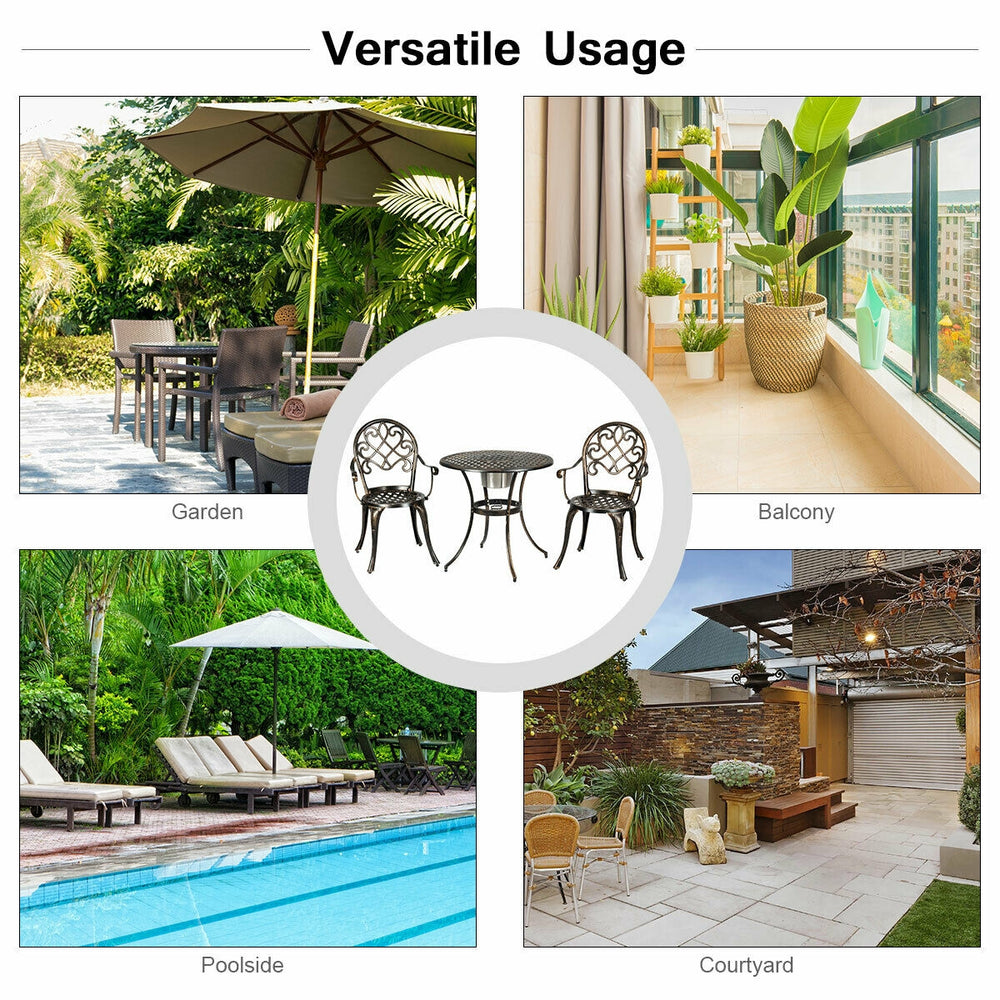 3-piece outdoor bistro set with removable ice bucket in antique bronze, perfect for garden, poolside, or balcony use.