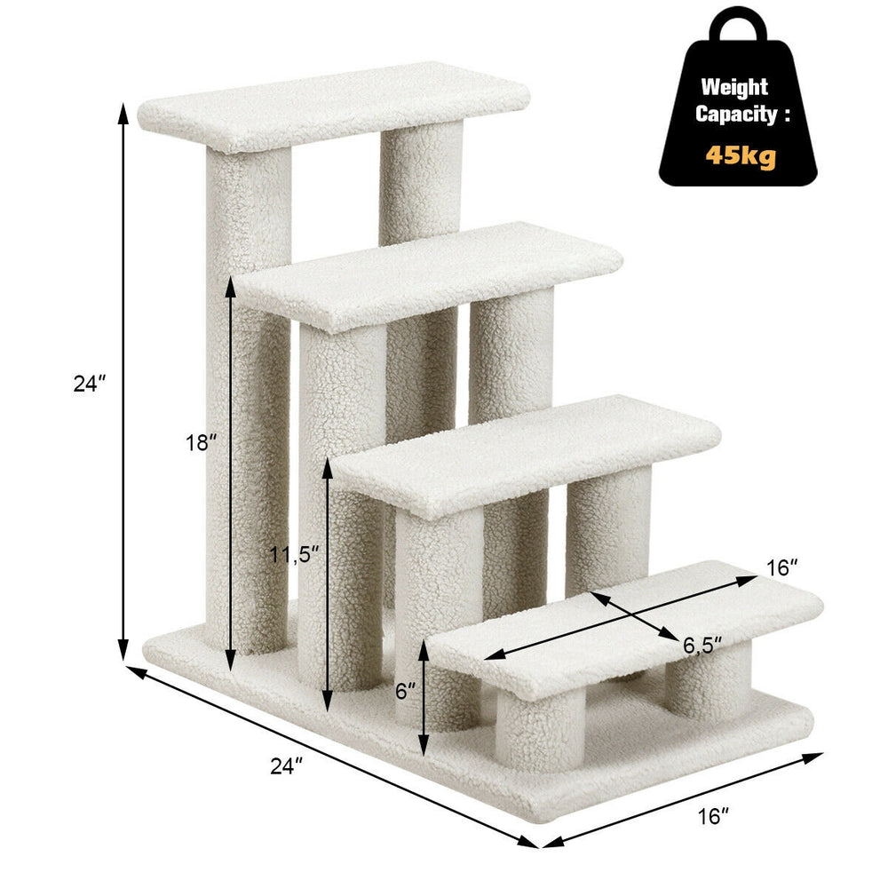 4-step beige pet stairs with scratching posts, made of durable particle board, ideal for cats to climb and scratch.
