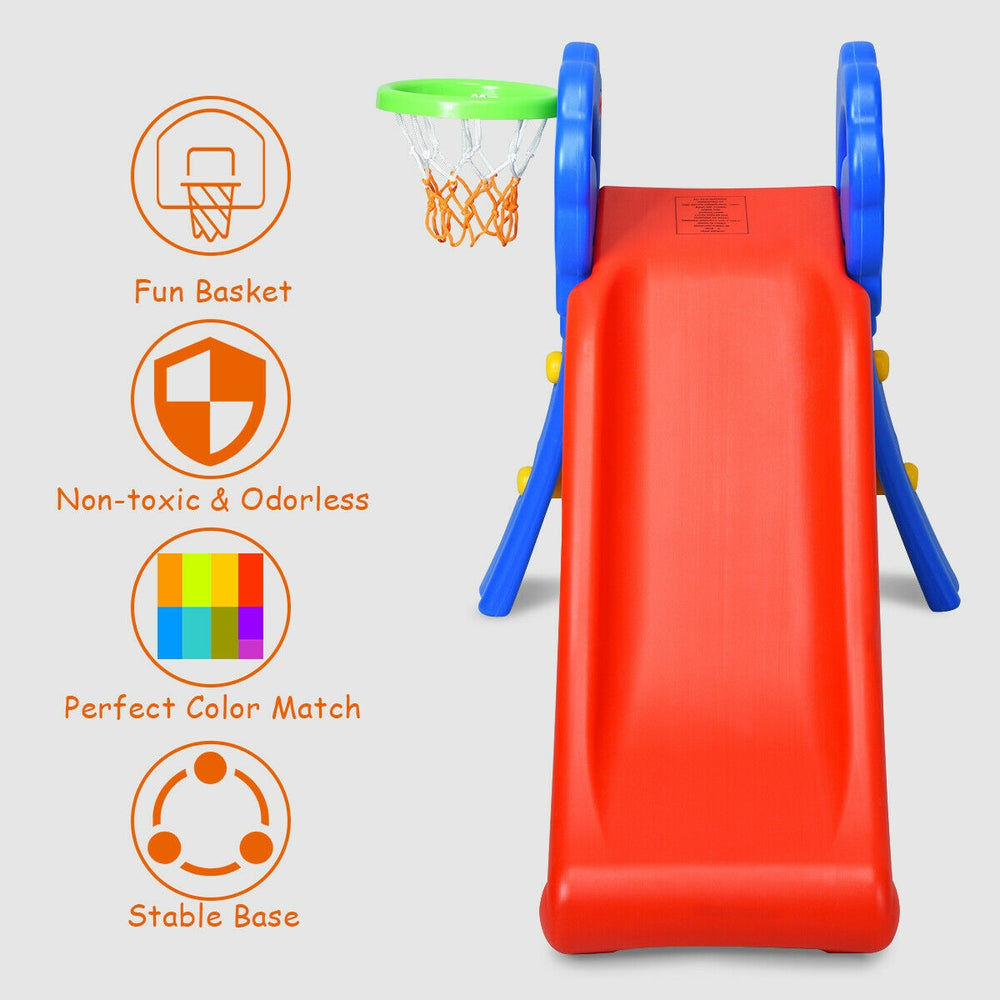 Kids plastic folding slide with basketball hoop, non-toxic HDPE, stable base, perfect for indoor play and physical.