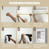 Installation steps for a wall-mounted white vanity mirror with shelf, showcasing detailed instructions for easy setup.