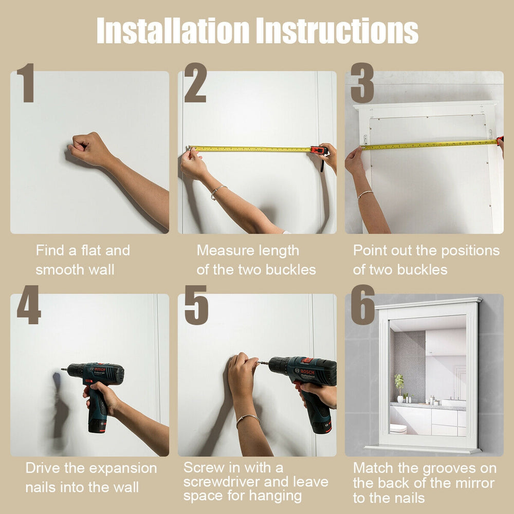 Installation steps for a wall-mounted white vanity mirror with shelf, showcasing detailed instructions for easy setup.