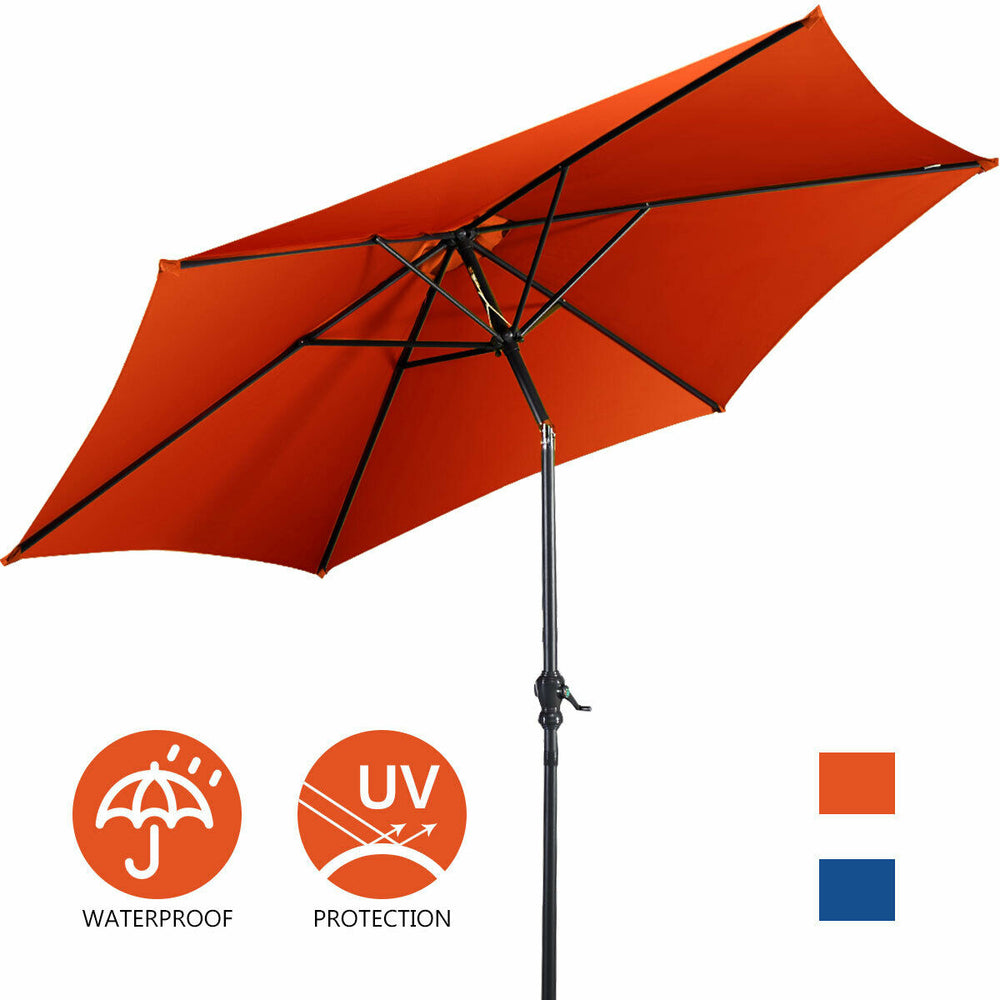 9 ft orange patio umbrella with crank, UV protective and waterproof, ideal for outdoor sun and rain shelter.