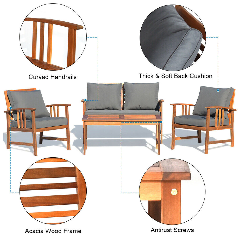 Cushioned loveseat and chairs from a 4 pcs wooden patio furniture set, featuring acacia wood frame and soft cushions.