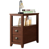 Compact brown wooden end table with two drawers and shelf, featuring retro metal handles for stylish bedside storage.
