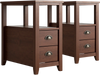 Set of 2 brown end tables with 2 drawers and shelf, featuring rustic metal handles for stylish bedroom or living room.