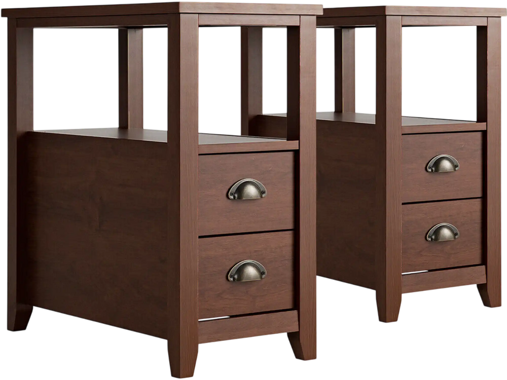 Set of 2 brown end tables with 2 drawers and shelf, featuring rustic metal handles for stylish bedroom or living room.