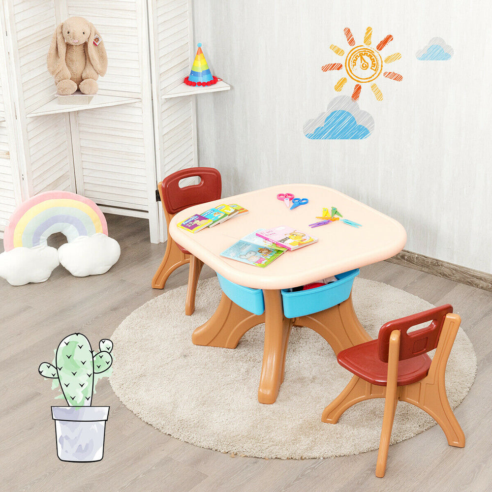 Children's activity table and chair set in coffee color with storage drawers, perfect for arts and crafts, learning.
