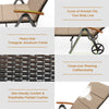 Close-up of the outdoor rattan chaise lounge chair with a heavy-duty aluminum frame and padded cushion for comfort.