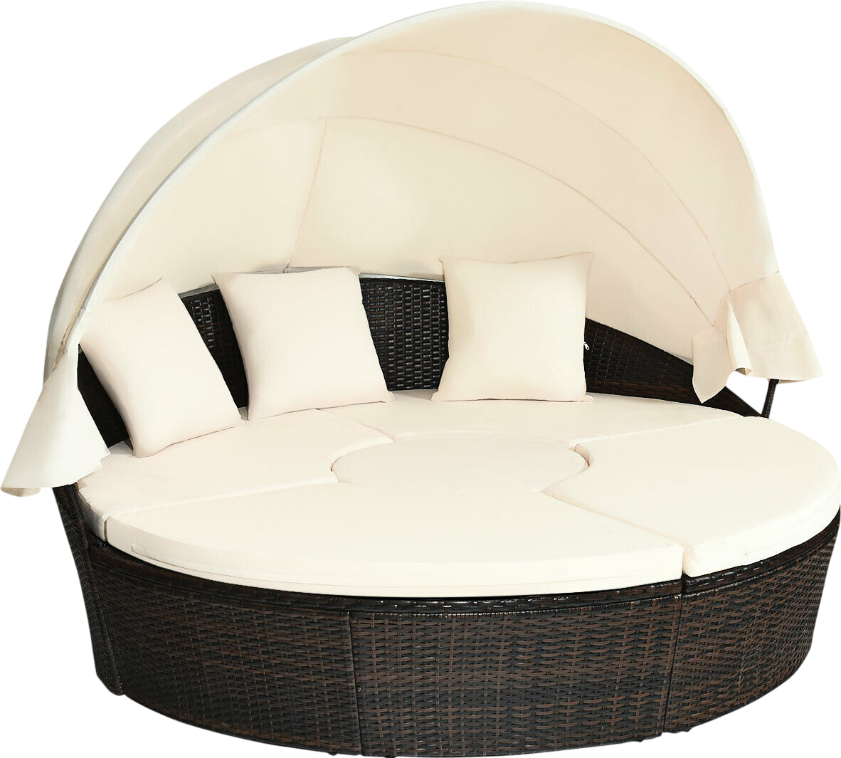 Costway Round Rattan Daybed with Retractable Canopy & Height Adjustable Coffee Table New