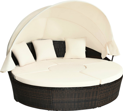 Costway Round Rattan Daybed with Retractable Canopy & Height Adjustable Coffee Table New
