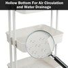 3-tier white utility cart with hollow bottom for air circulation and water drainage, ideal for kitchen or bathroom.