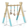 Wooden baby activity gym with teething toys, blue accents, foldable design for easy storage and stability.