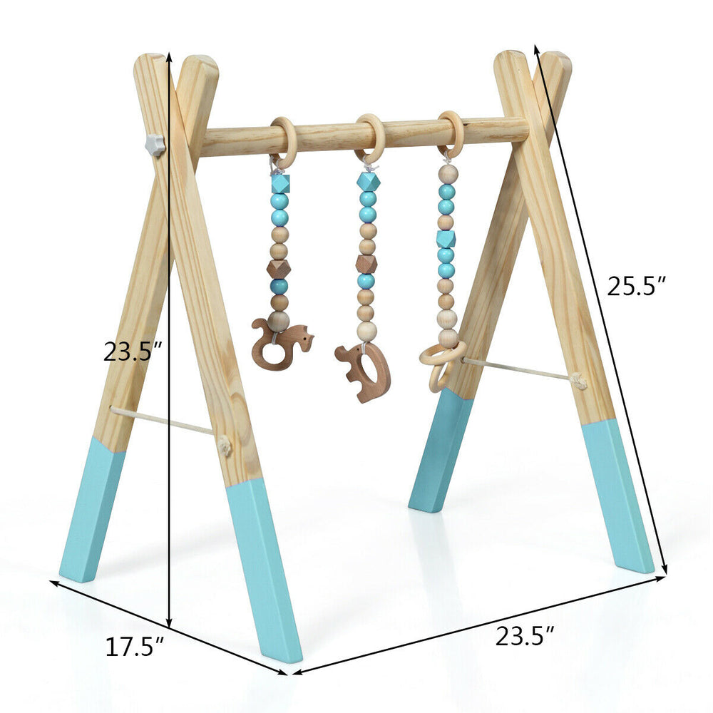 Wooden baby activity gym with teething toys, blue accents, foldable design for easy storage and stability.