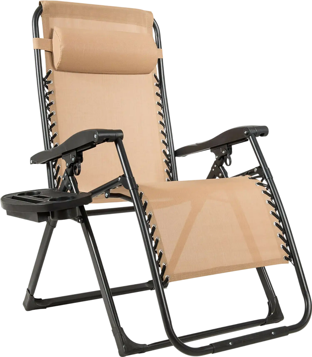 Oversize lounge chair in beige with adjustable backrest and cup holder, perfect for outdoor relaxation in summer.