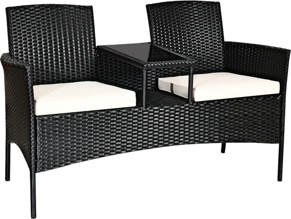 Wicker patio conversation set with removable cushions and tempered glass table, perfect for garden or balcony use.