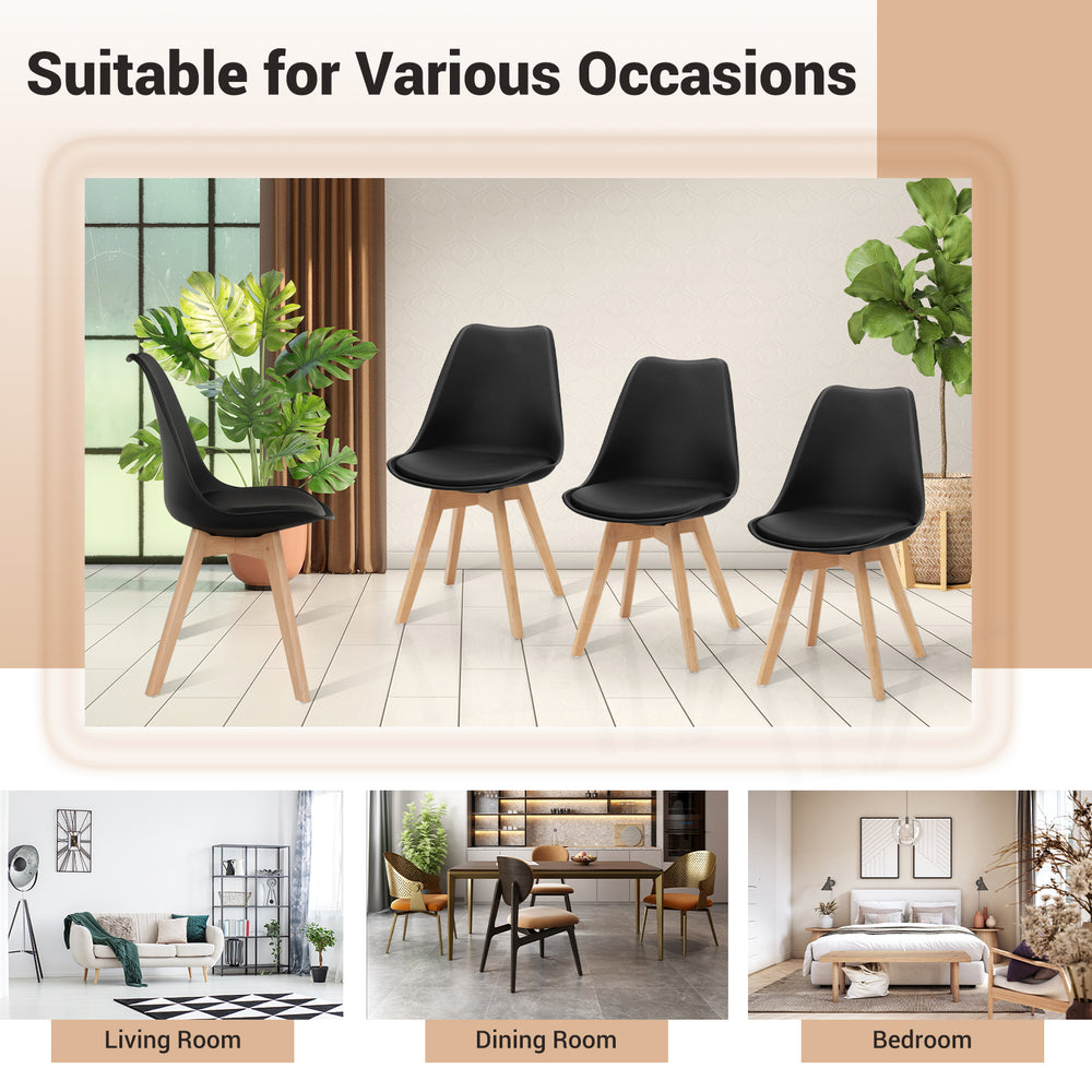 Set of 4 mid-century modern dining chairs with black PU seats and wooden legs, perfect for kitchen or living room.
