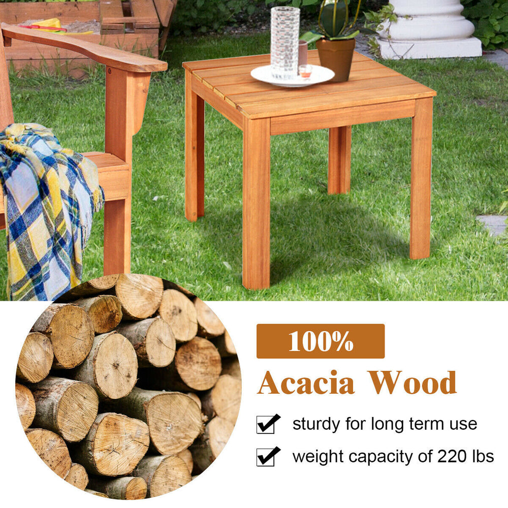 Square acacia wood patio coffee table with varnish finish, sturdy design, perfect for outdoor or indoor use.