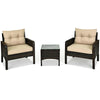 Two beige cushioned chairs and a glass-top table from a 3-piece outdoor patio rattan conversation set for relaxation.
