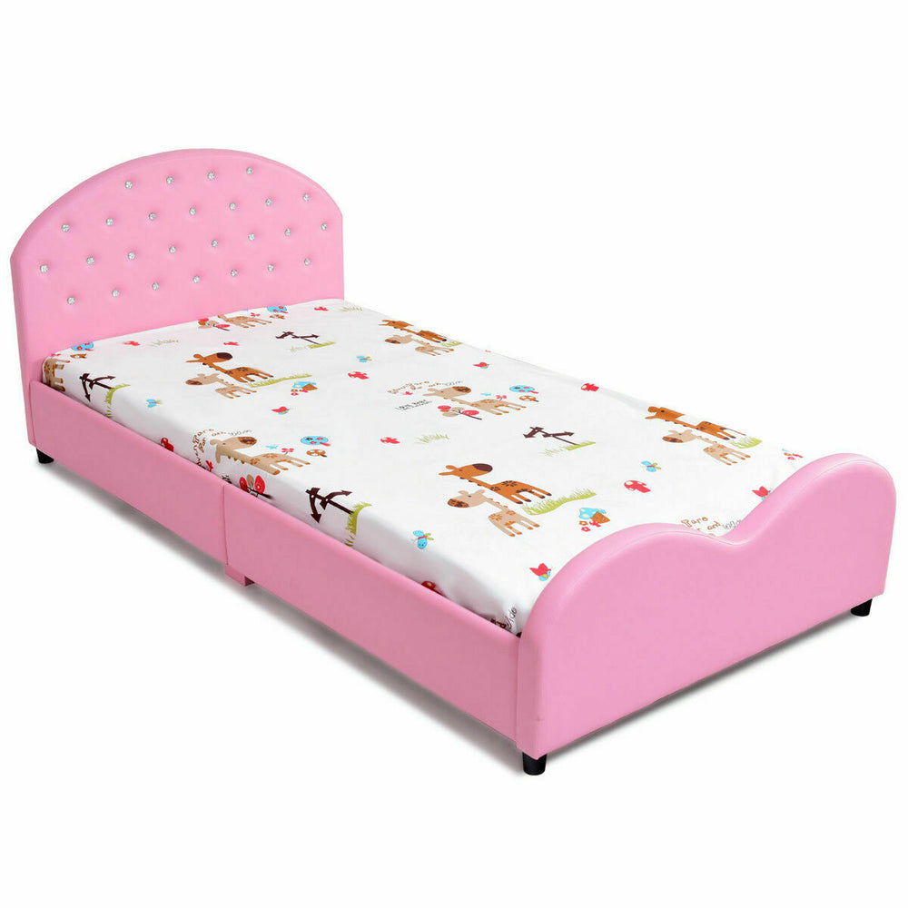 Twin size upholstered toddler bed in pink with playful animal print mattress for safe and comfy sleeping conditions.