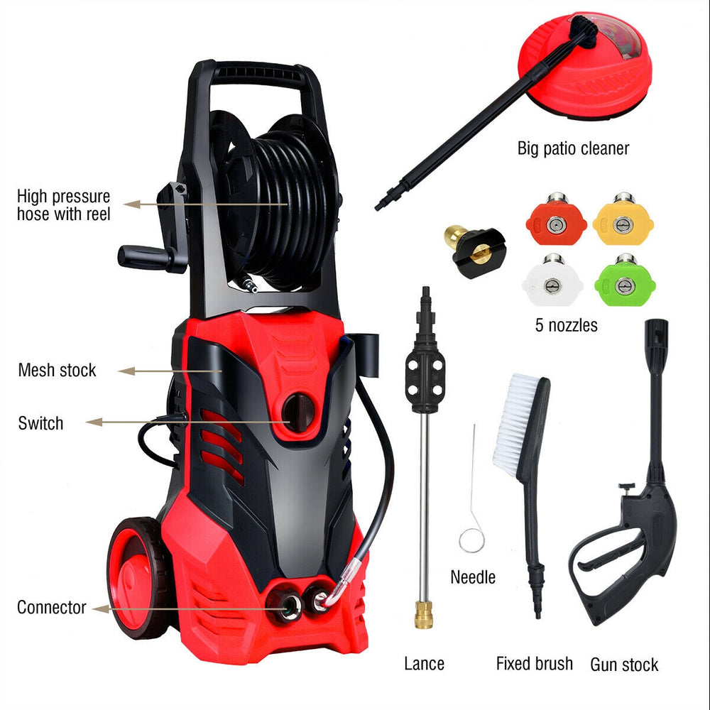 Electric high pressure washer in red with 3000 PSI, five nozzles, and pressure hose reel for versatile cleaning tasks.