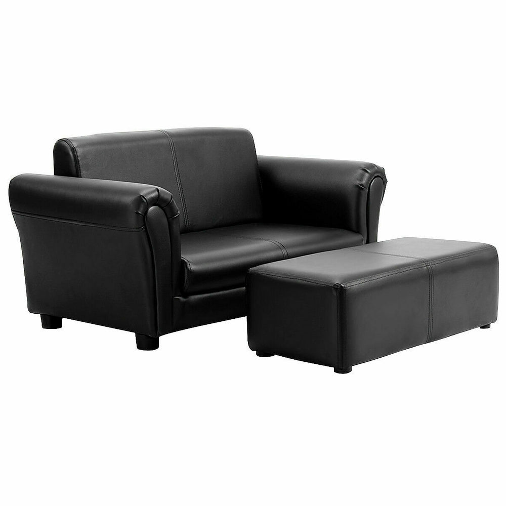 Black kids double sofa with ottoman, designed for comfort, ideal for slumber parties and lightweight for easy movement.