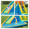 Inflatable water slide bounce house featuring a climbing wall, slide, and splash pool for summer fun and safety.
