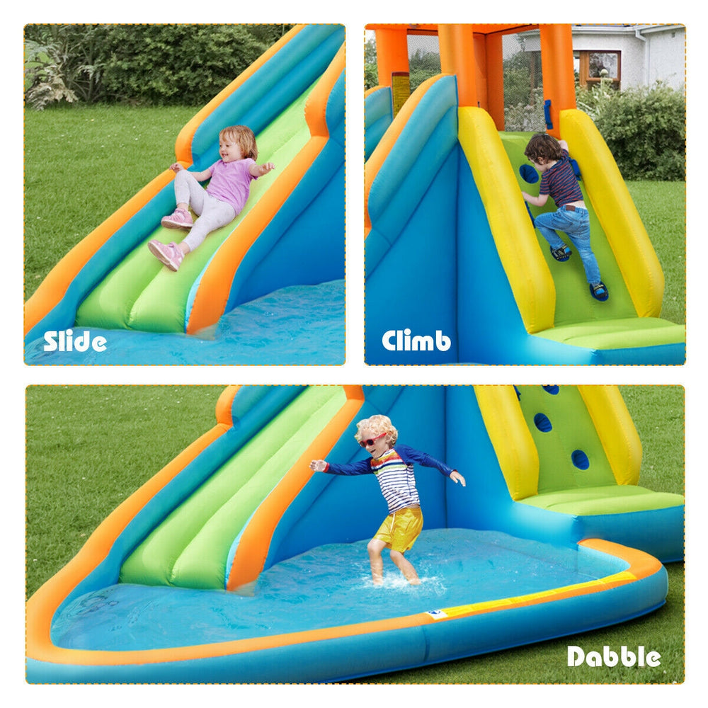 Inflatable water slide bounce house featuring a climbing wall, slide, and splash pool for summer fun and safety.