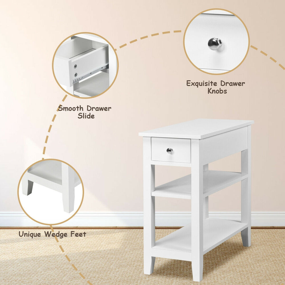 3-tier white nightstand with drawer and double shelves, ideal for narrow spaces, perfect for bedside or living room use.