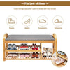 3-tier bamboo shoe rack bench with cushion, holds 7 pairs of shoes, ergonomic height, ideal for entryway or bedroom.
