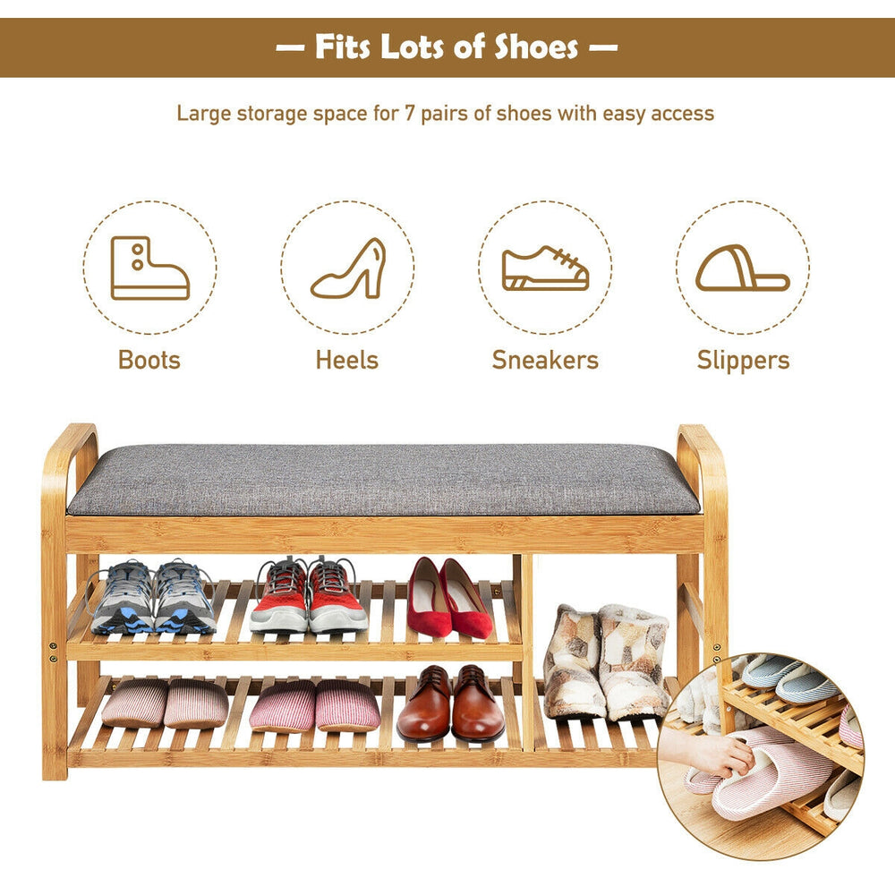 3-tier bamboo shoe rack bench with cushion, holds 7 pairs of shoes, ergonomic height, ideal for entryway or bedroom.