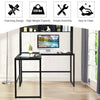 Reversible L-shaped corner desk in black with open storage hutch, designed for multitasking and easy assembly.