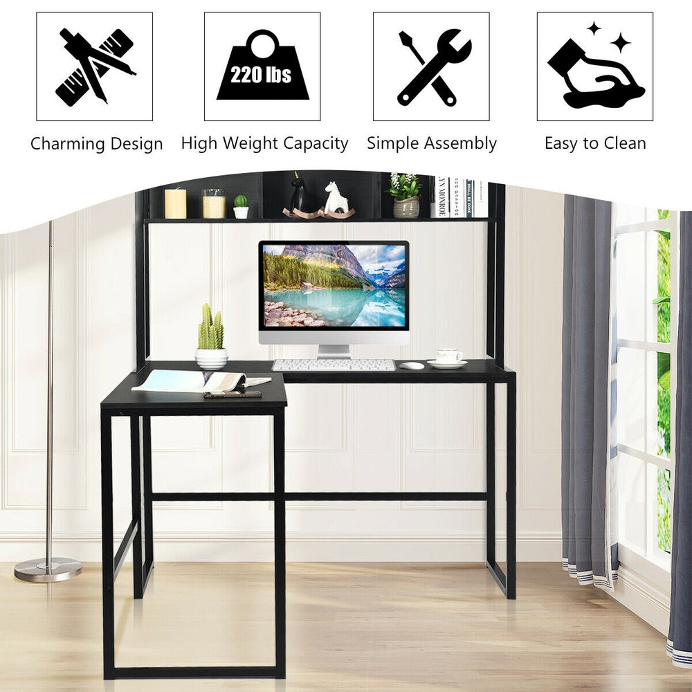 Reversible L-shaped corner desk in black with open storage hutch, designed for multitasking and easy assembly.