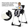 Foldable high chair in black with adjustable backrest, detachable tray, and 5-point safety restraint for baby safety.