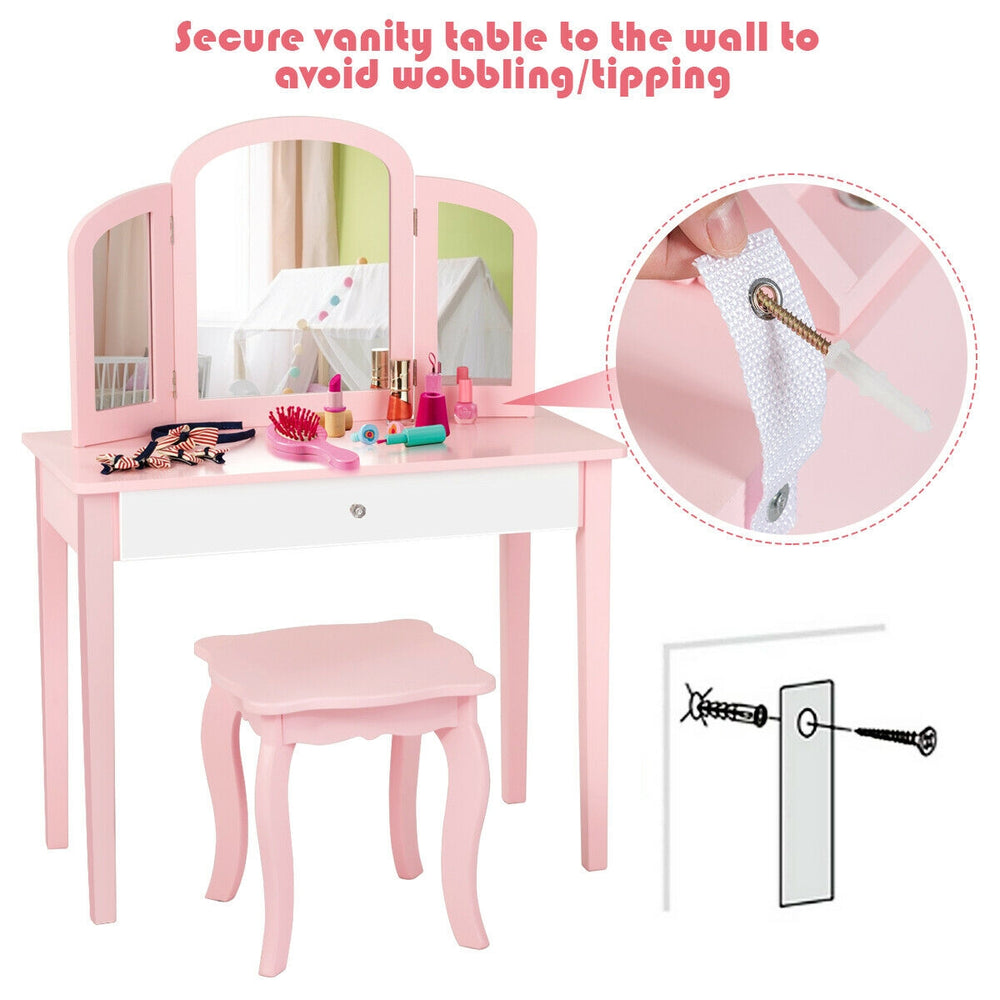 Kids pink vanity table with tri-folding mirror and chair, made of sturdy MDF, perfect for makeup and writing in a.
