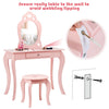 Kids pink vanity table set with mirror, made of MDF and pine wood, featuring a drawer and anti-slip pads for safety.