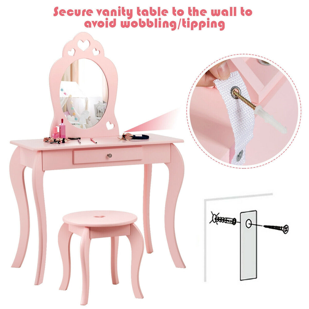 Kids pink vanity table set with mirror, made of MDF and pine wood, featuring a drawer and anti-slip pads for safety.