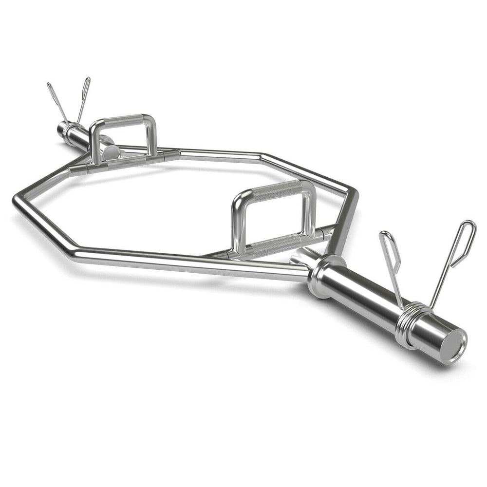 Folding grip design of the 56-inch Olympic hexagon deadlift trap bar, made from heavy-duty steel for enhanced.